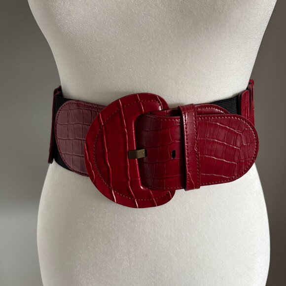 bebe Accessories - Y2K Cherry Red Faux Croc Panelled Stretchy Belt